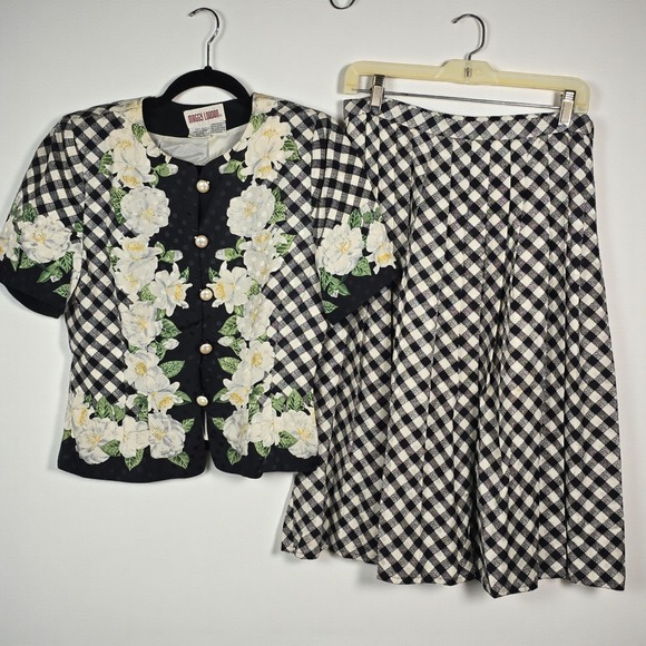 Maggy London Dresses & Skirts - Vintage Maggy London Silk Skirt Set Woman 8 Black White Gingham Floral Old Money